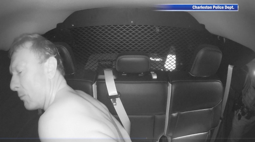 Dashcam image of Mullins McLeod in the back of a police car.