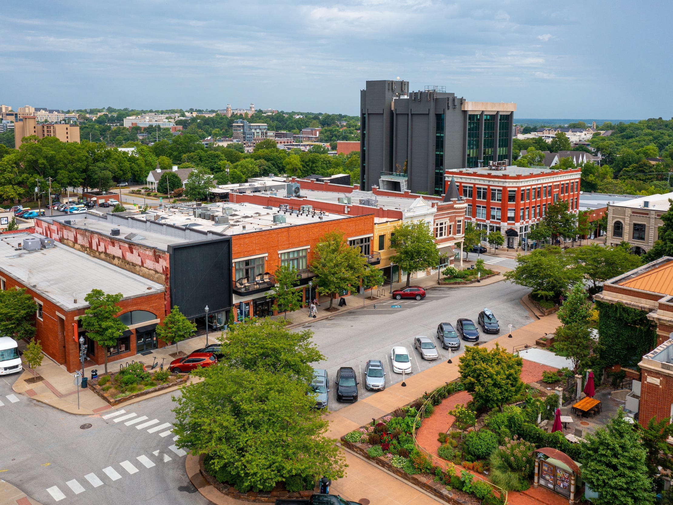 An aerial shot of downtown Fayetteville, Arkansas.