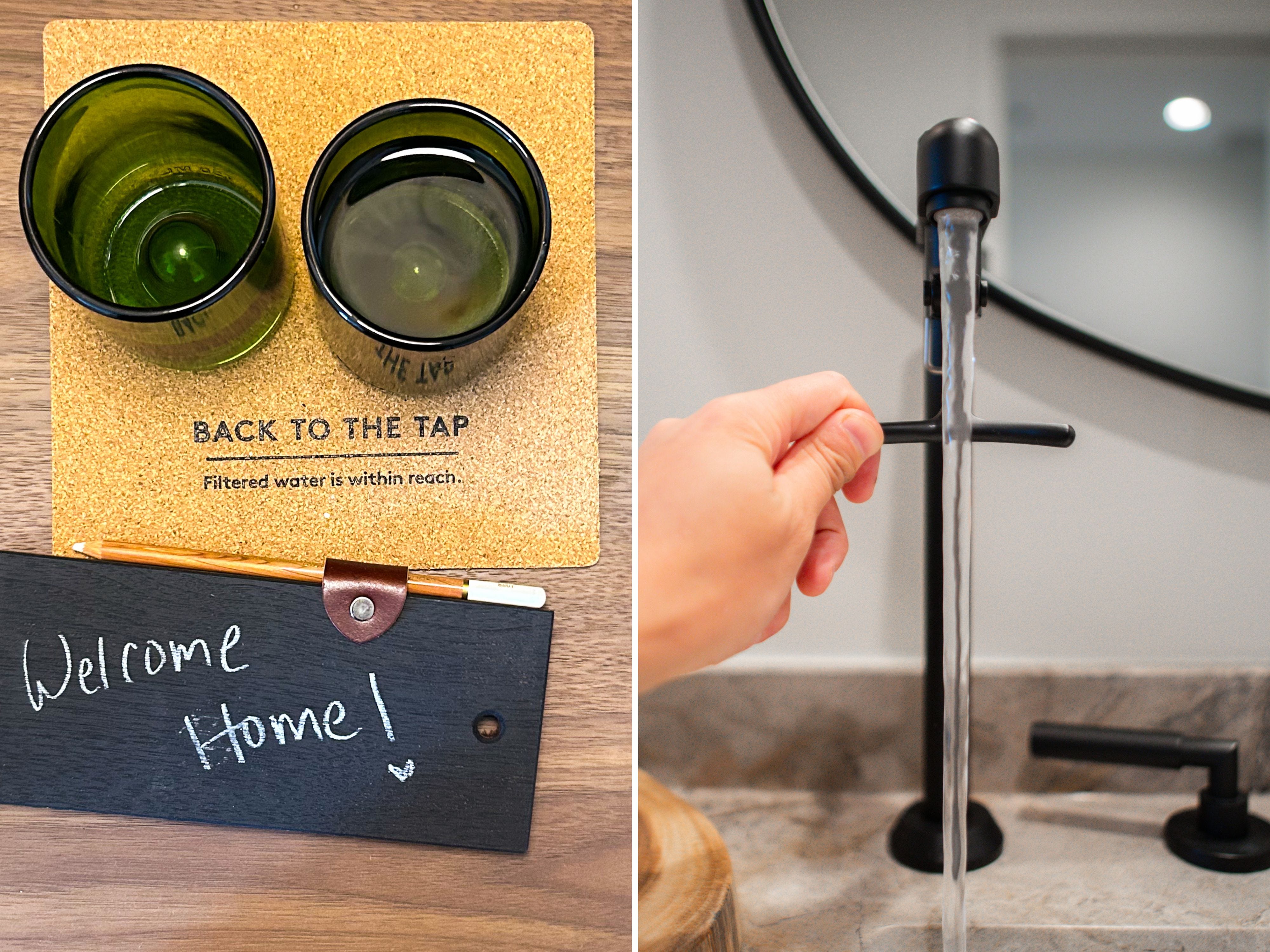 A composite image of two cups on a cork coaster and a hand pressing a running water tap