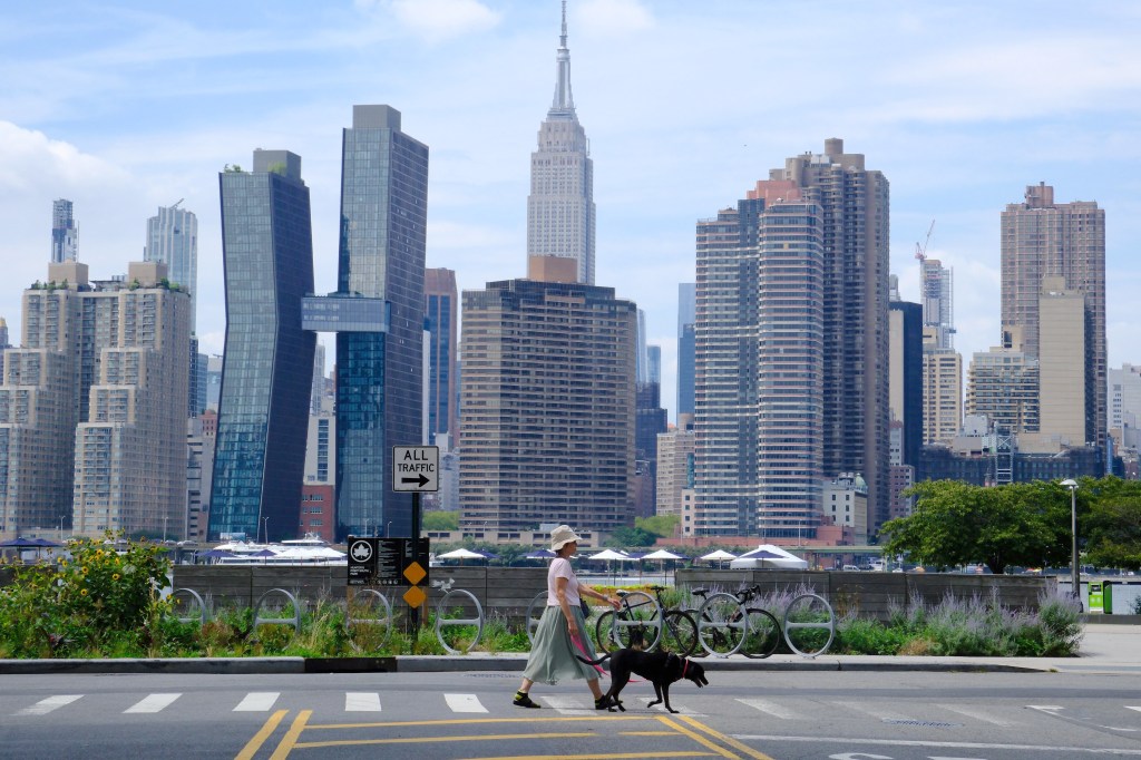 A woman walks her dog near Hunters Point South.