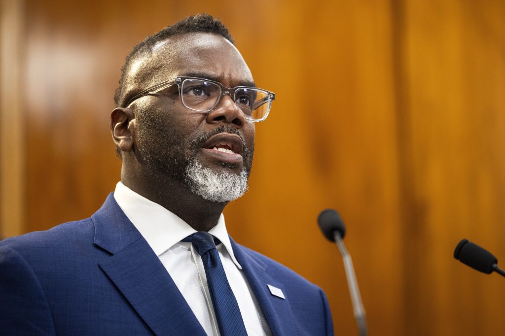 Mayor Brandon Johnson speaking at a news conference.