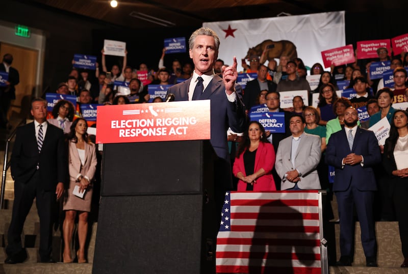 Newsom speaks about the Election Rigging Response Act to counter the legislative effort to add five Republican House seats in Texas.
