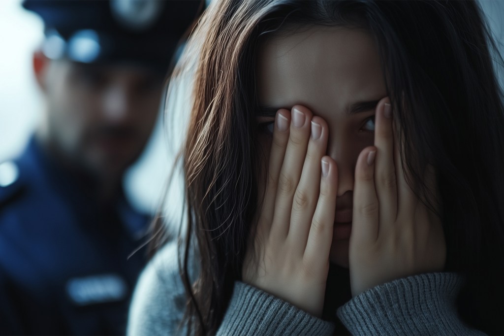 Woman covering her face with hands, police officer in background.