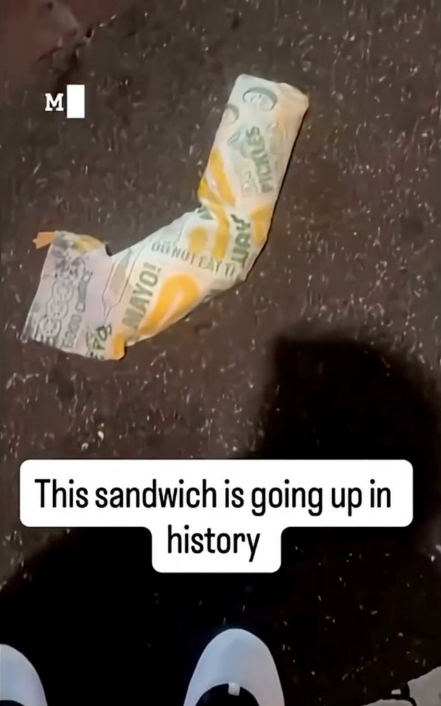 Subway sandwich on the ground.