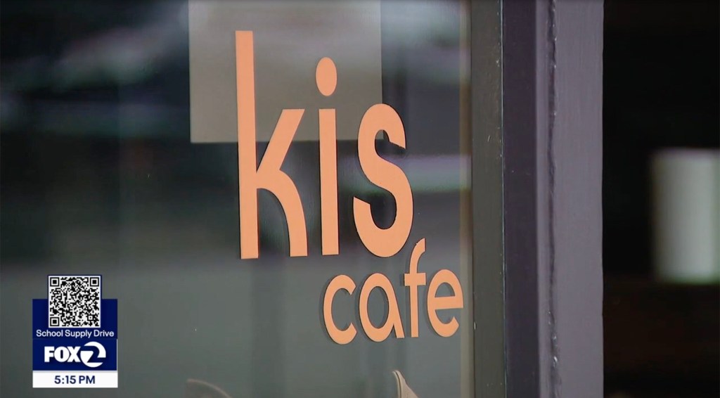 Kis Cafe sign on a window.