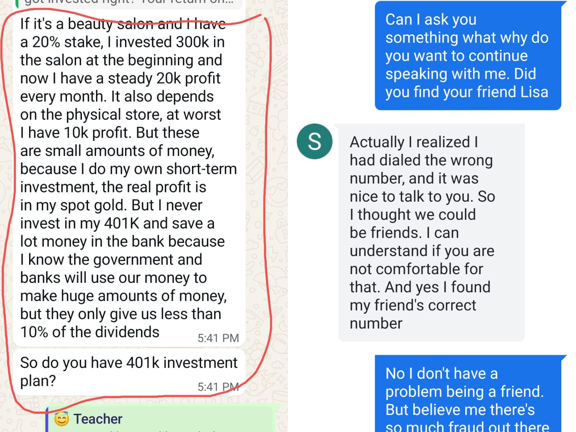 Screenshots show conversations with scam workers posing as women like "Dora."
