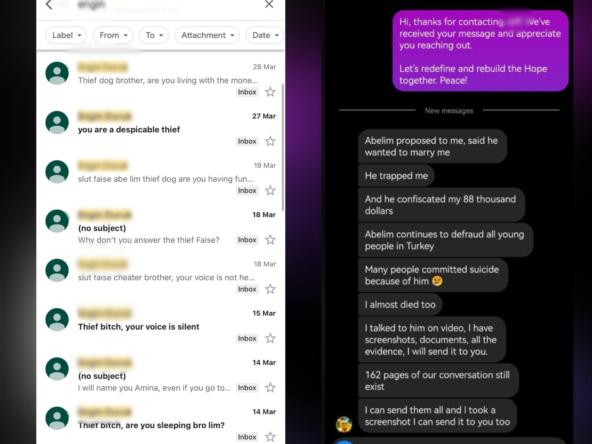 Two screenshots show messages from victims who blamed Lim for their losses.