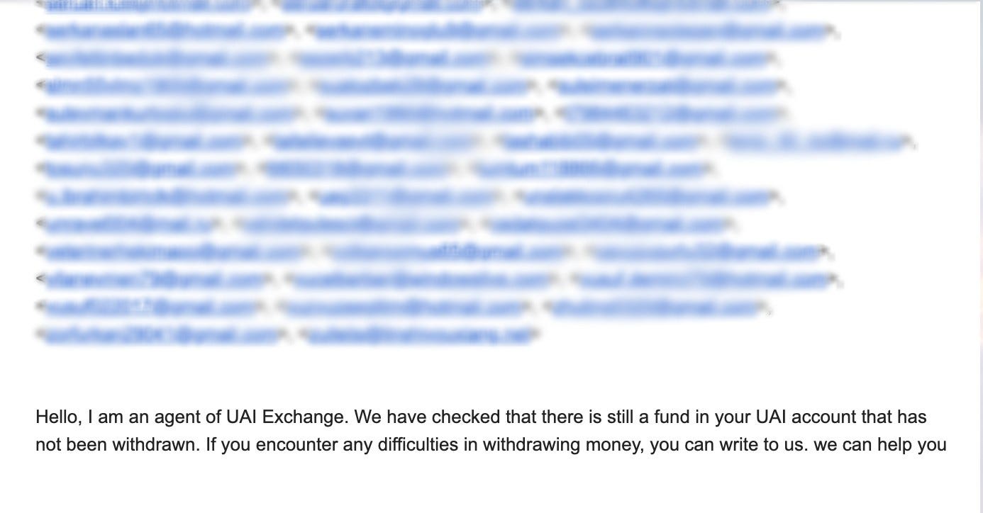 A screenshot of an email sent by scammers perpetuating the UAI Coin scam.