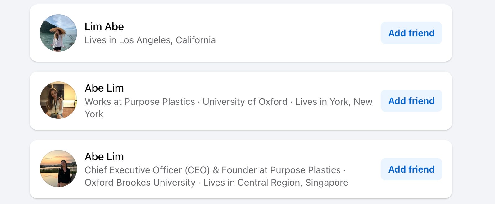 A screenshot shows several accounts of the same person with profile photos taken from Lim's social media.