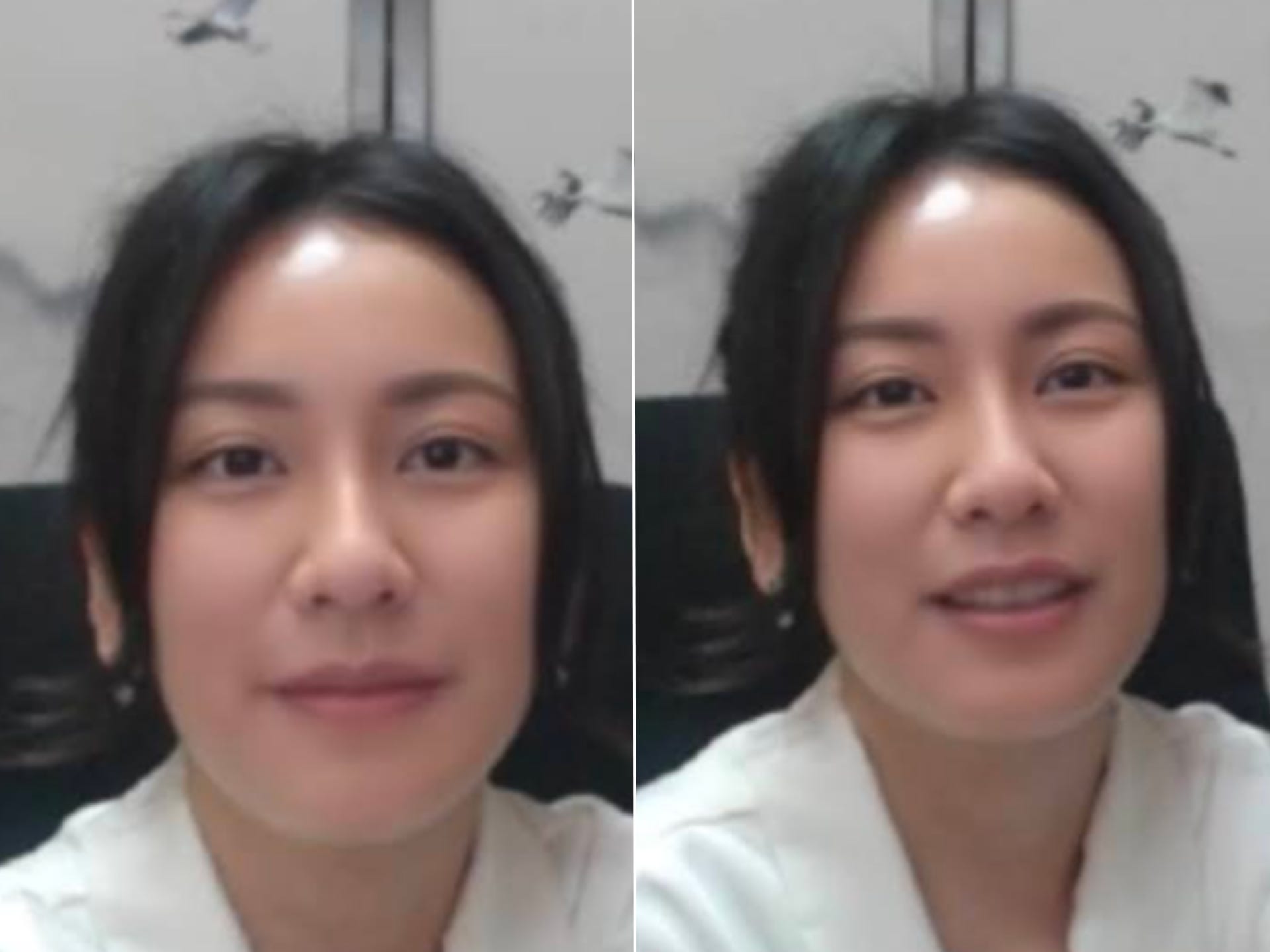 Two screenshots show a woman speaking to a camera.