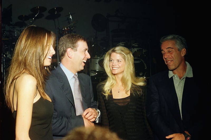 Melania Trump, Prince Andrew, Gwendolyn Beck, and Jeffrey Epstein party together at Mar-a-Lago in 2000.