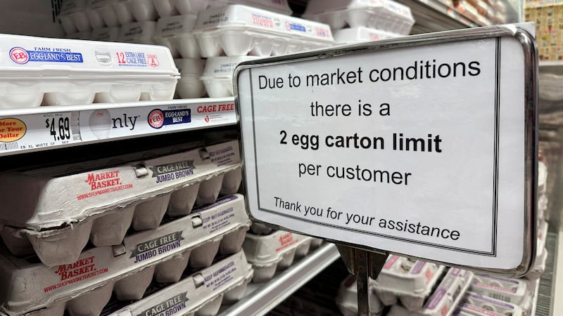 A sign limits the number of cartons of eggs a customer can purchase at a grocery store in Gloucester, Massachusetts, U.S., March 8, 2025.