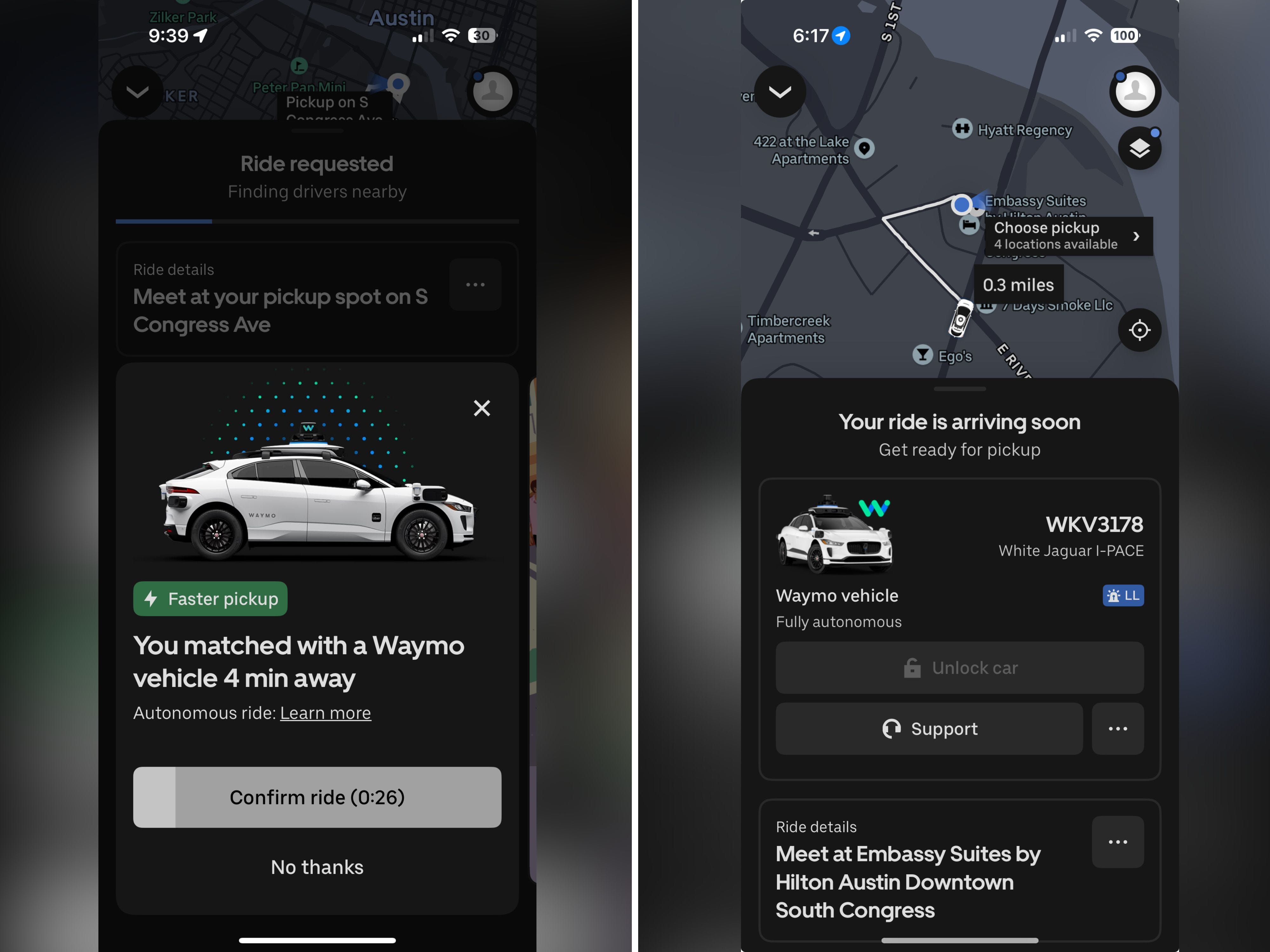 Two side-by-side screenshots of the Uber app.