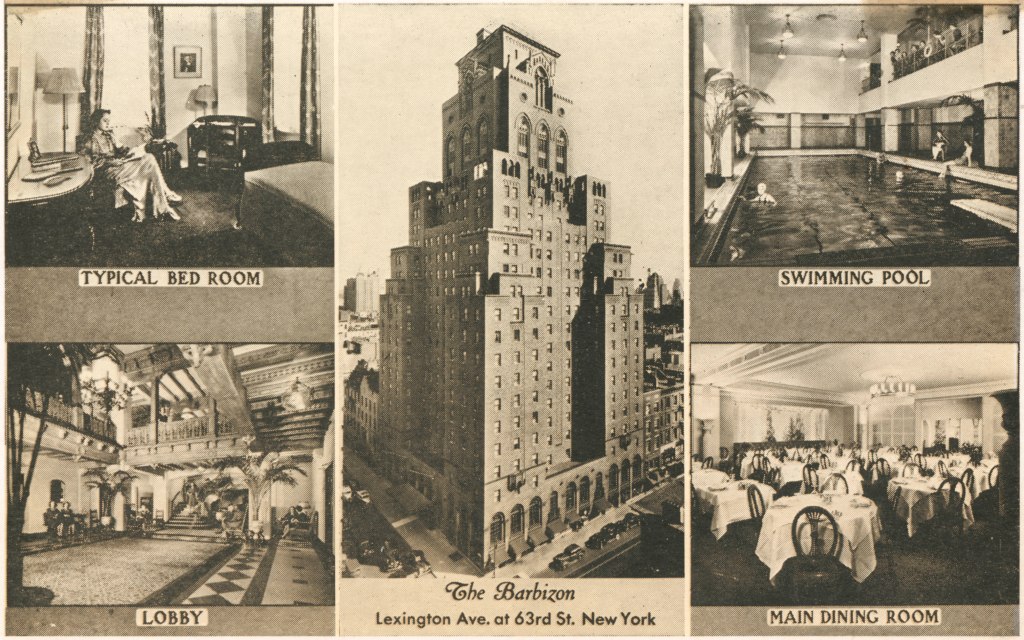 Collage of photos showing the Barbizon Hotel in New York City, including the lobby, a typical bedroom, swimming pool, and main dining room.