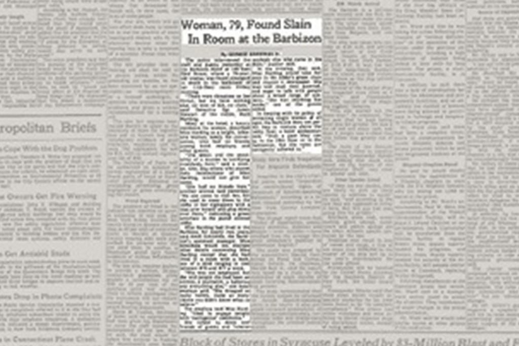 Newspaper clipping about a 79-year-old woman found slain at the Barbizon.