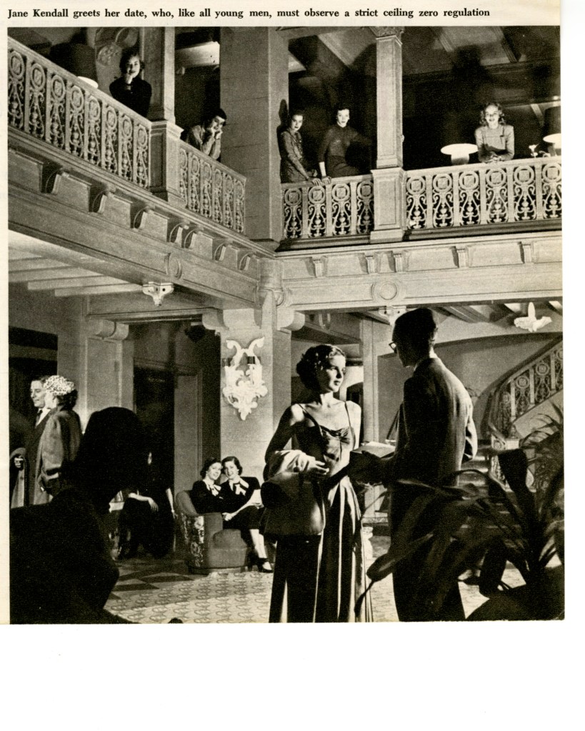 Black and white photo of Jane Kendall at the Barbizon Hotel lobby in 1948.