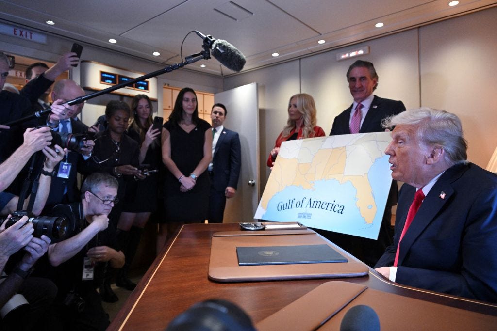 Donald Trump renames the Gulf of Mexico as the Gulf of America aboard Air Force One.
