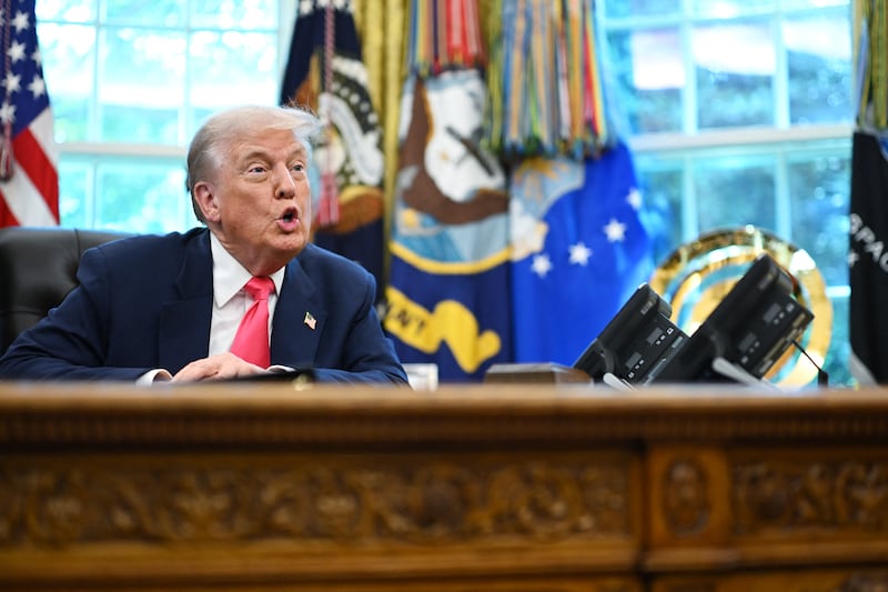 President Donald Trump speaks in the Oval Office of the White House in Washington, D.C. on August 14, 2025.