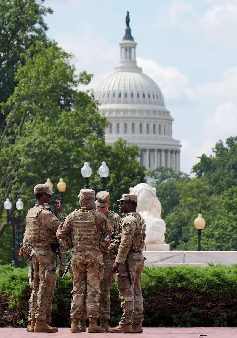Members of the National Guard patrol near Union Station on August 14, 2025 in Washington, D.C. President Donald Trump announced plans to deploy federal officers and the National Guard to the District in order to place the D.C. Metropolitan Police Department under federal control.
