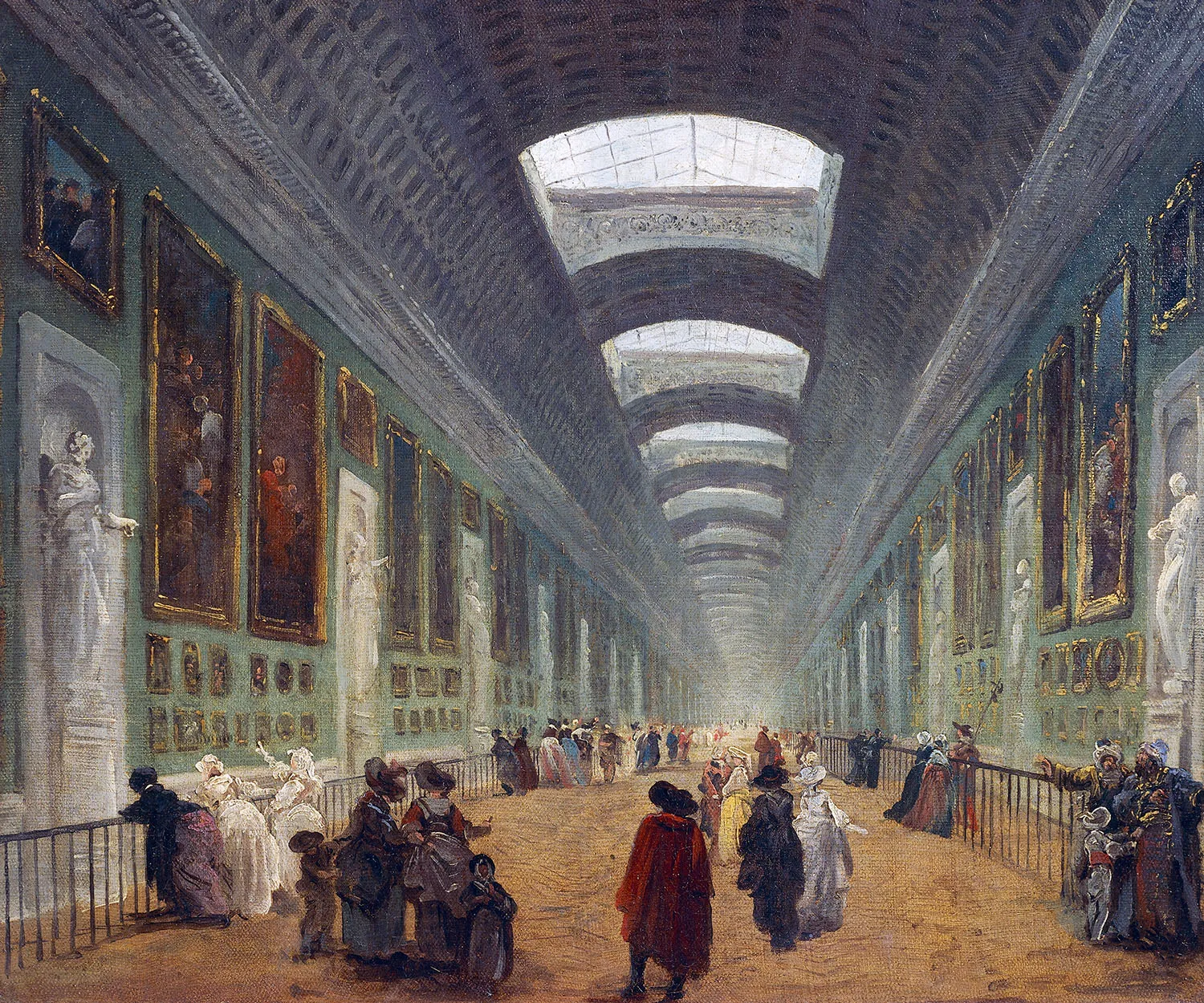 A painting shows people milling about in a large high-ceilinged museum gallery with giant paintings on the walls.