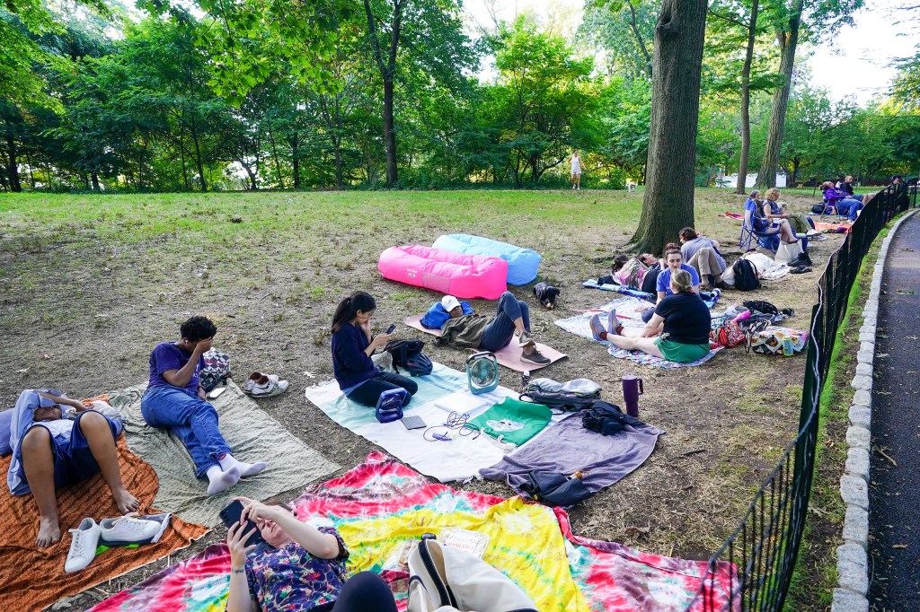 People laying on blankets in the park.