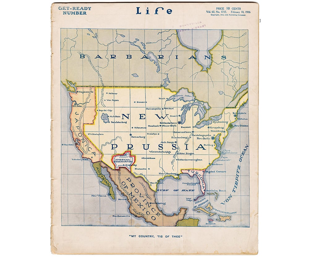 A map shows the United States labeled as New Prussia.