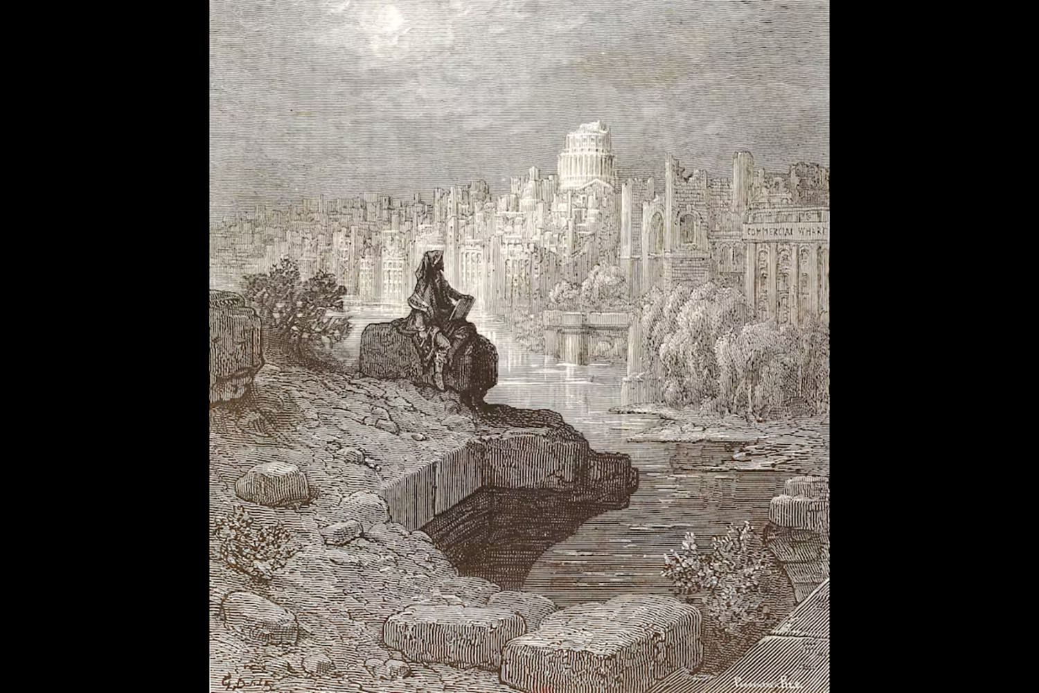 An etching shows a figure on a rock looking toward the city skyline of London.