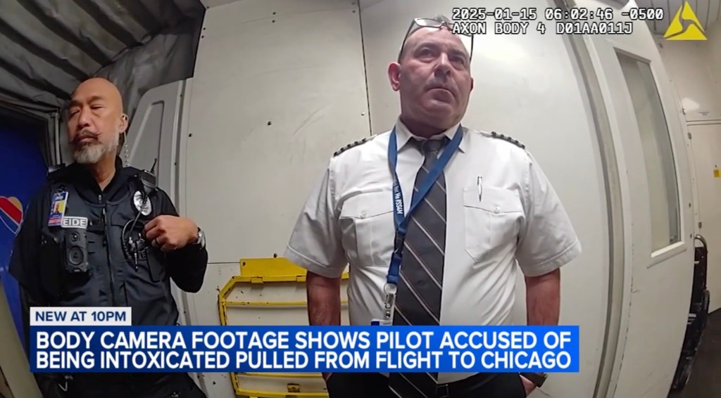 Bodycam footage of a pilot being removed from a cockpit after failing a sobriety test.
