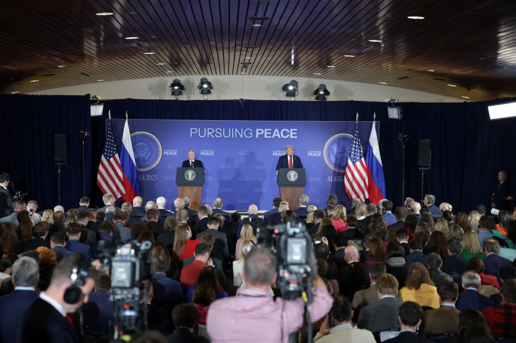 Presidents Trump and Putin at a press conference in Alaska.
