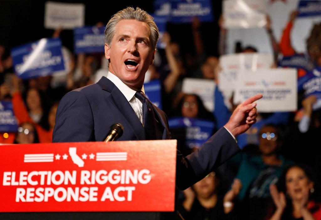 Calif. Gov. Gavin Newsom speaks during a rally about redistricting at the Democracy Center, Japanese American National Museum in Los Angeles on Aug. 14, 2025.