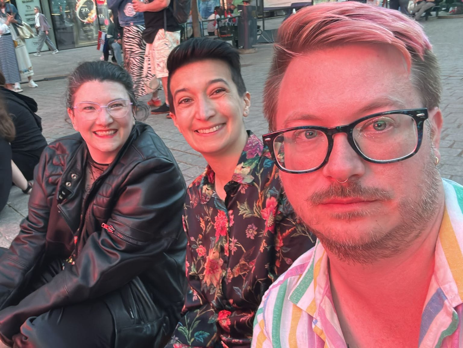 The author and two friends at the 2024 Eurovision Song Contest.