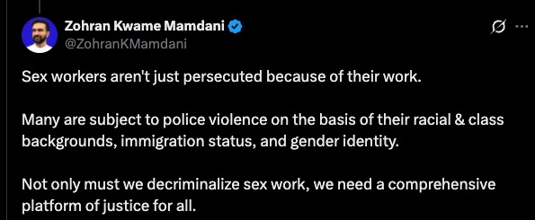 mamdani tweet pushing decriminalization of sex work.