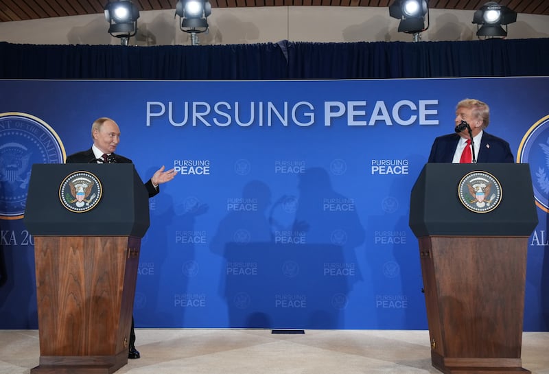 ANCHORAGE, ALASKA - AUGUST 15: U.S. President Donald Trump (R) and Russian President Vladimir Putin hold a press conference at Joint Base Elmendorf-Richardson on August 15, 2025 in Anchorage, Alaska. The two leaders are meeting for peace talks aimed at ending the war in Ukraine. (Photo by Andrew Harnik/Getty Images)