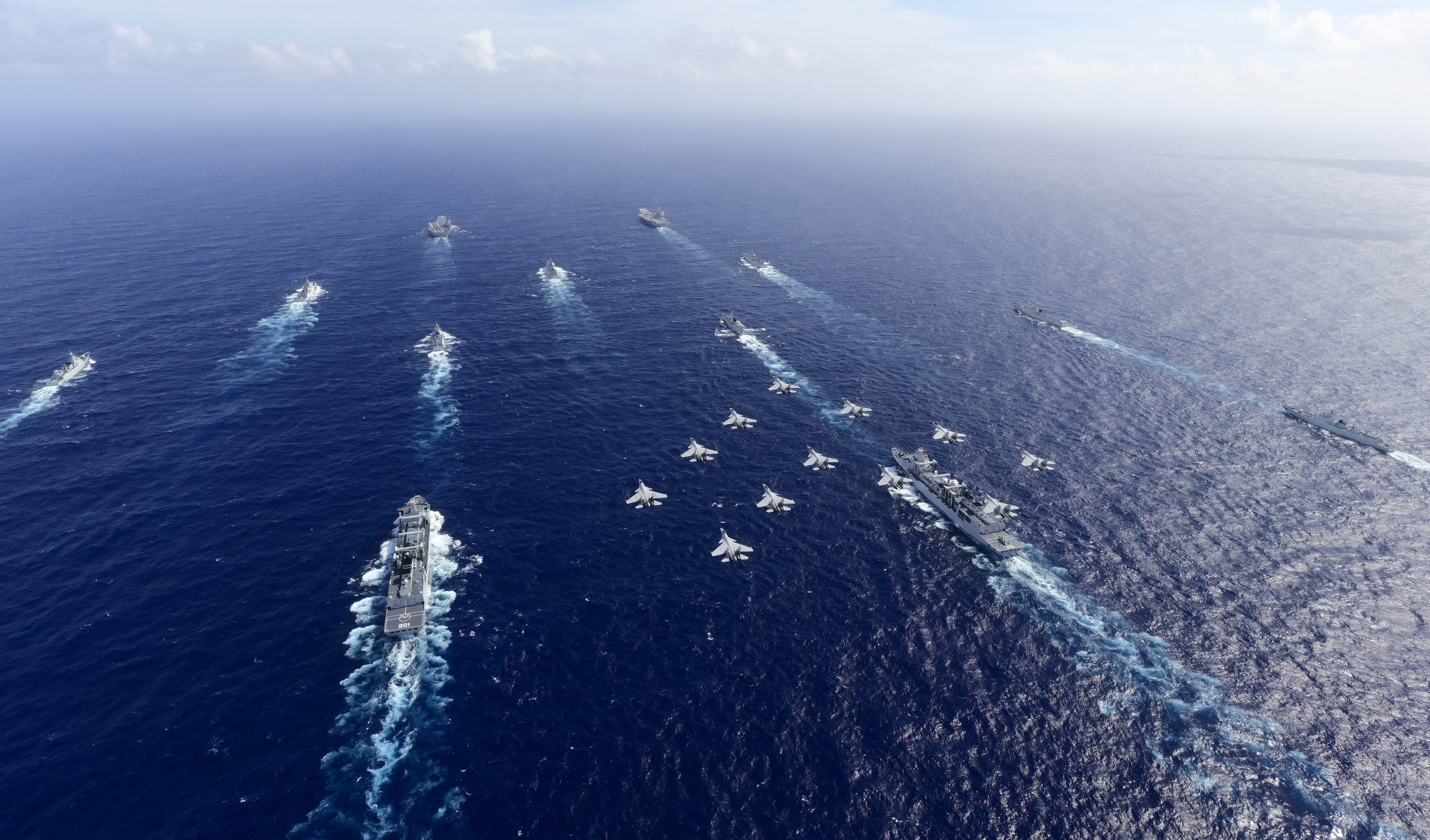 Chinese aircraft carriers Liaoning and Shandong in formation exercise in the South China Sea in late October 2024.