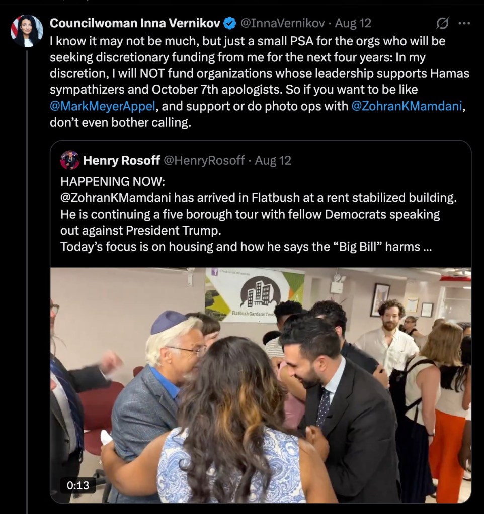 Screenshot of a Twitter post showing a statement about funding decisions and a video of a politician meeting constituents.