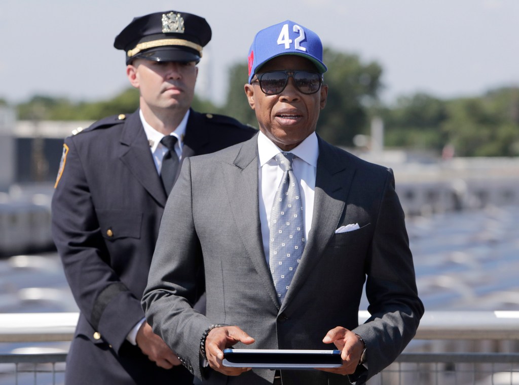 Mayor Eric Adams at a press conference on subway surfing prevention.
