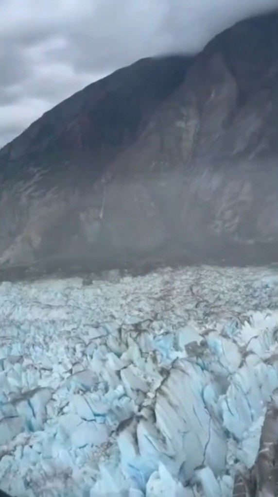 Aerial view of a massive landslide in Alaska triggering a tsunami.
