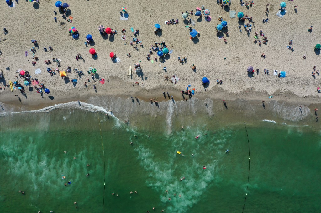 Aerial view of a crowded New Jersey beach.