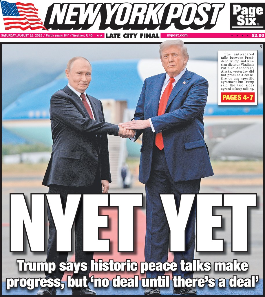 New York Post cover: Trump and Putin peace talks.