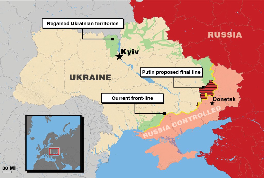 Map of Ukraine showing current front lines, Putin's proposed final line, and regained Ukrainian territories.
