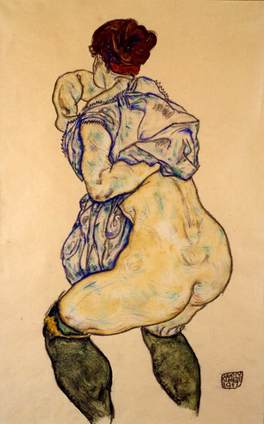 Drawing of a semi-nude woman from behind, wearing green stockings.