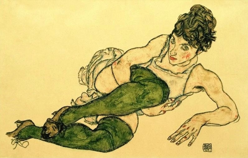 Illustration of a nude woman kneeling and bending forward.