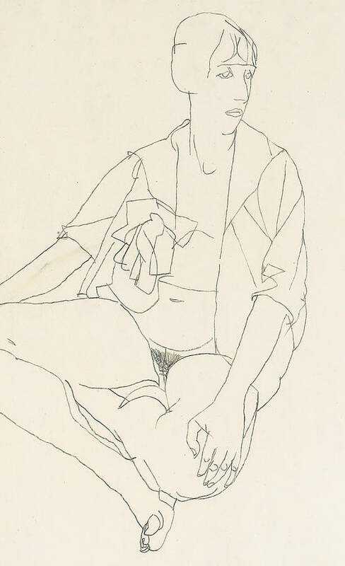 Line drawing of a seated nude woman.