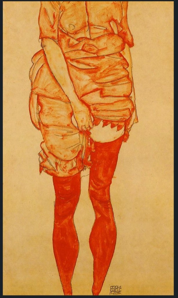 Drawing of a woman in a red dress and stockings.