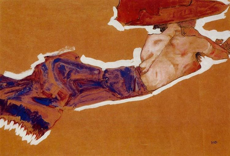 Reclining semi-nude figure wearing a red hat.