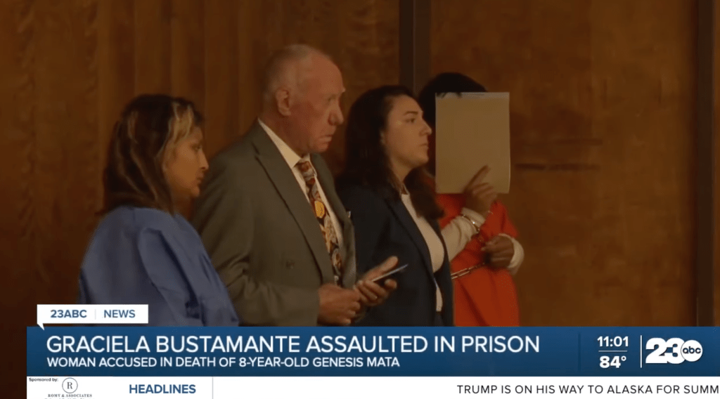 Graciela Bustamante and husband, Ray Mata Jr. covering his face, appear in court following the death of Genesis Mata.