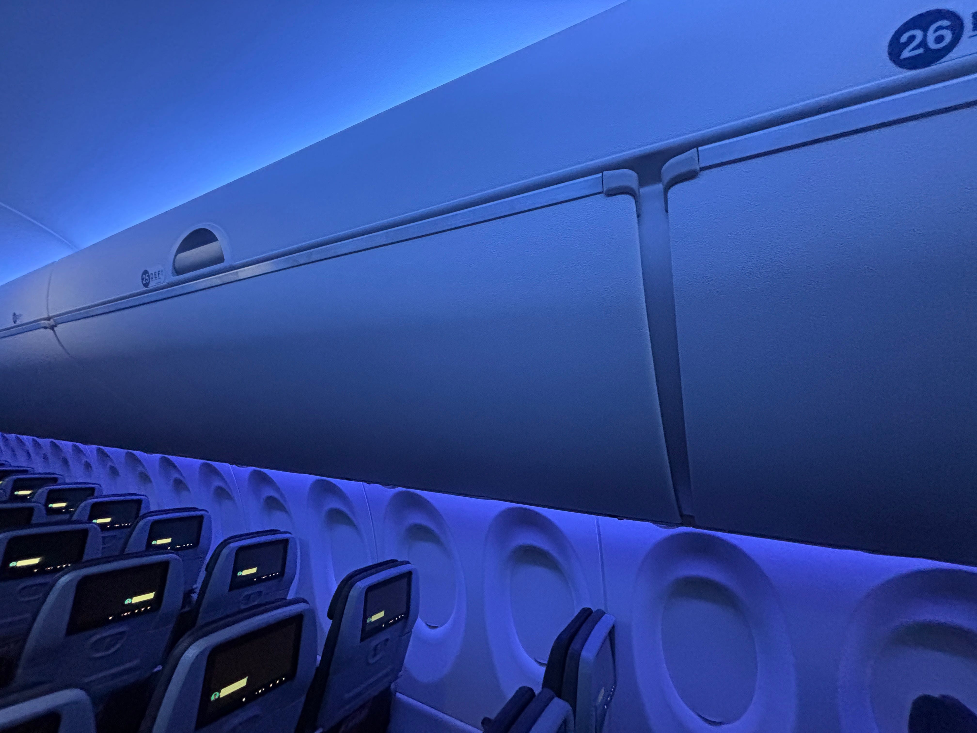 The overhead bins on a JetBlue Airbus A220