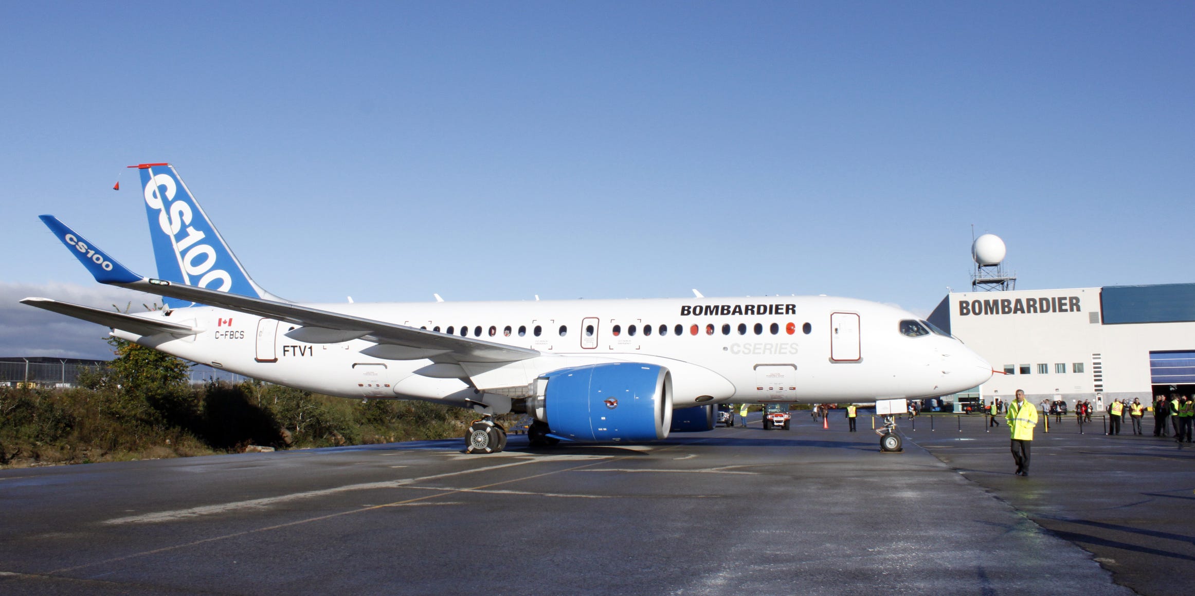 The new bombardier aircraft CSseries is shown in Mirabel, Quebec as it is due to take off for the first time on September 16, 2013.