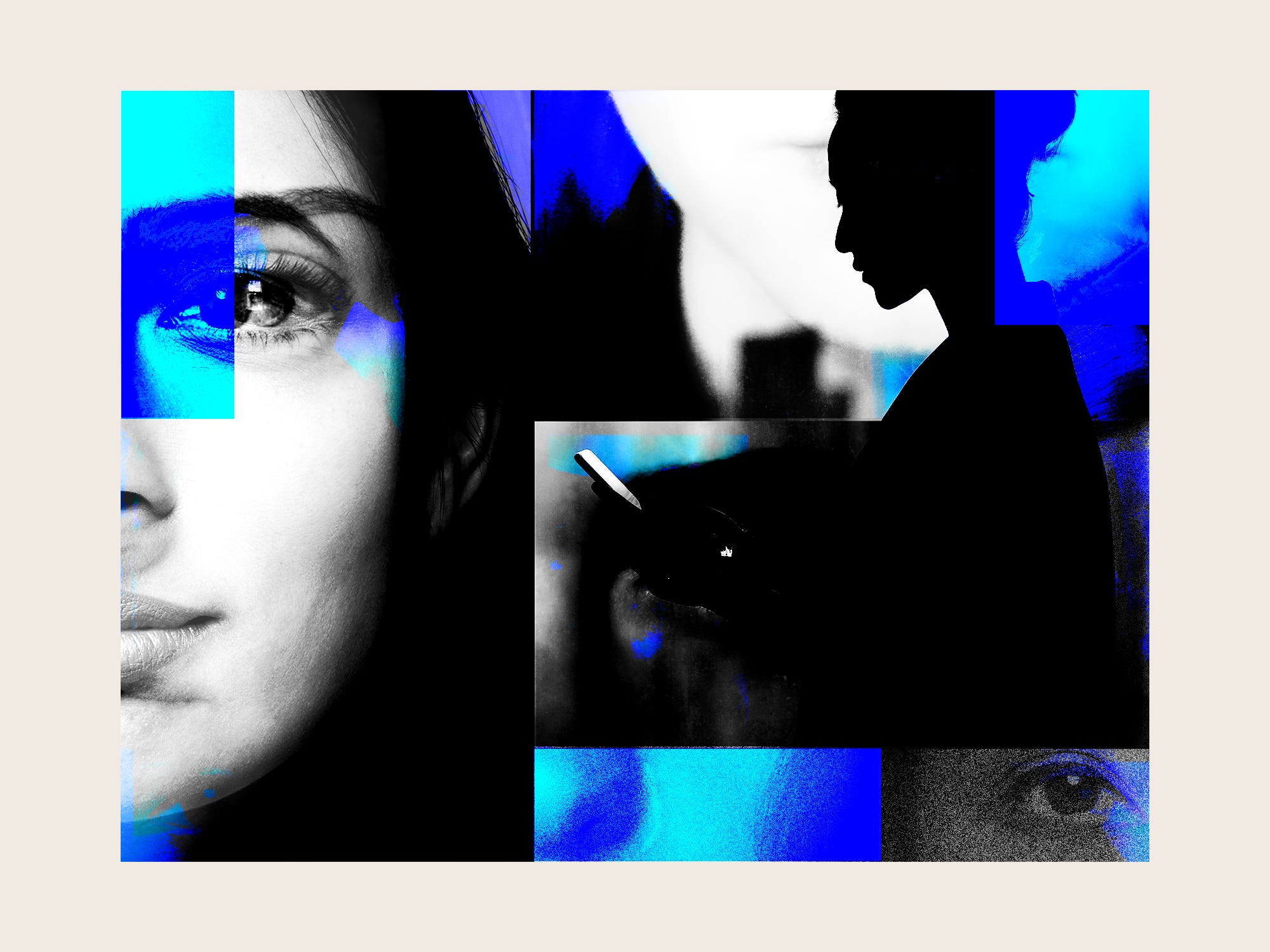 Distorted images of a woman's face and a silhouette of a woman texting.