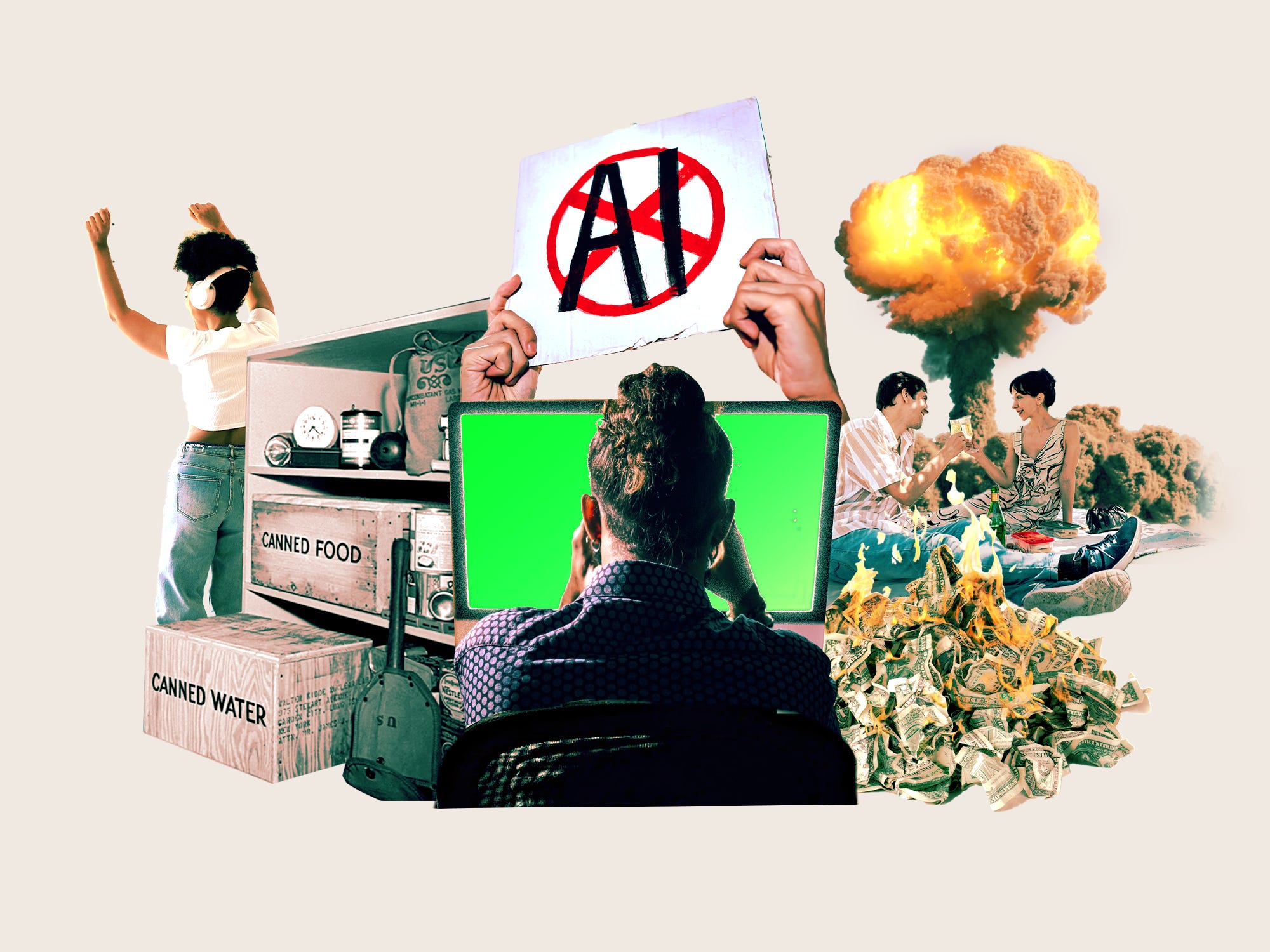 Collage of a tech worker on a computer, dancing woman, bunker food prep, "No AI" protester, couple toasting before an atomic blast, and burning cash.